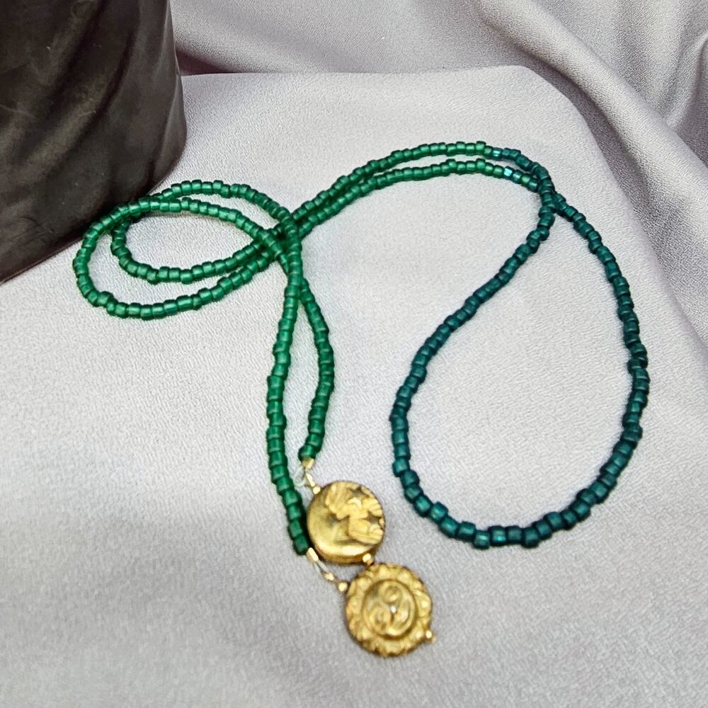 Green Seed Bead Lariat Necklace w/Gold Tone Sun/ Moon Beads Handmade - 33 & 3/4"
